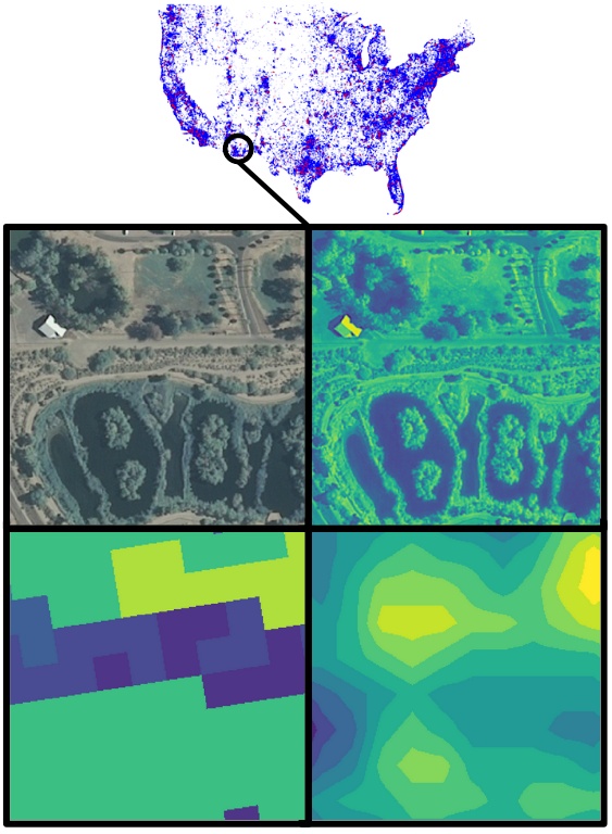 FGVC GeoLifeCLEF Competition sample image of paired up aerial images and environmental features around them.
